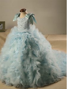 Scoop Sleeveless Tulle Little Girls Pageant Dress Wholesale Beading and Ruffles and Bowknot Brush Train Zipper