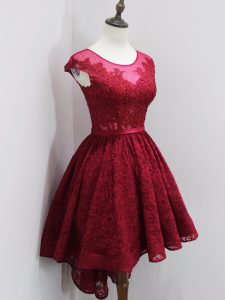 High Quality Wine Red A-line Beading and Lace Quinceanera Court of Honor Dress Zipper Lace Cap Sleeves High Low