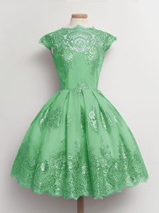 Suitable Green Tulle Lace Up Scalloped Cap Sleeves Knee Length Quinceanera Court of Honor Dress Lace