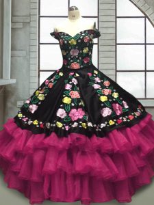 Adorable Multi-color Ball Gowns Organza and Taffeta Off The Shoulder Sleeveless Embroidery and Ruffled Layers Floor Length Lace Up Quinceanera Gowns