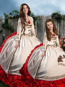 Attractive Organza and Taffeta Sweetheart Long Sleeves Brush Train Lace Up Embroidery and Ruffles Sweet 16 Dress in White And Red
