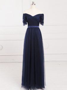 Navy Blue Empire Tulle Off The Shoulder Short Sleeves Ruching Floor Length Lace Up Dama Dress for Quinceanera