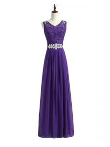 Traditional Floor Length Zipper Court Dresses for Sweet 16 Lavender for Prom and Party and Wedding Party with Beading and Lace