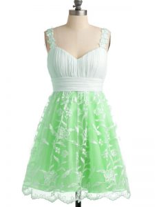 Knee Length Lace Up Quinceanera Court of Honor Dress Apple Green for Prom and Party and Wedding Party with Lace
