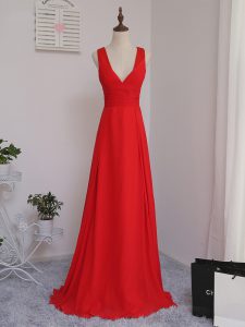 Graceful Sleeveless Floor Length Ruching Zipper Vestidos de Damas with Red