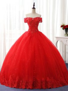 Tulle Off The Shoulder Sleeveless Lace Up Beading and Ruffles 15 Quinceanera Dress in Red
