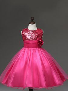 Nice Tulle Scoop Sleeveless Zipper Sequins and Hand Made Flower Pageant Dress in Hot Pink