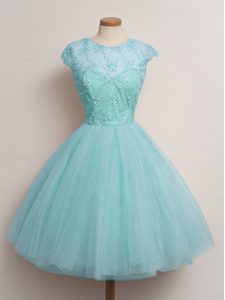 Aqua Blue Tulle Lace Up Quinceanera Dama Dress Cap Sleeves Knee Length Lace