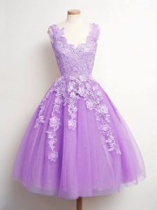 Comfortable Lace Quinceanera Court Dresses Lavender Lace Up Sleeveless Knee Length