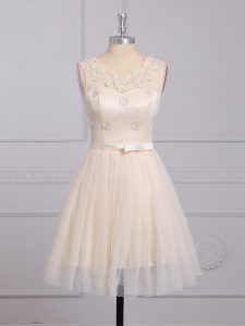 Champagne Scoop Lace Up Appliques and Belt Quinceanera Dama Dress Sleeveless