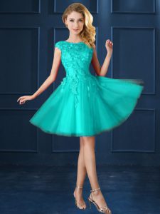 Great Tulle Cap Sleeves Knee Length Quinceanera Dama Dress and Lace and Belt