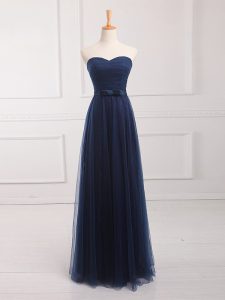 Super Sweetheart Sleeveless Court Dresses for Sweet 16 Floor Length Belt Navy Blue Tulle and Lace