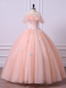 Best Tulle Off The Shoulder Short Sleeves Lace Up Lace and Appliques Quinceanera Dresses in Peach