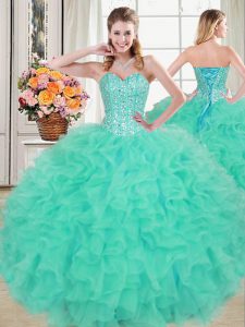 Turquoise Organza Lace Up Sweetheart Sleeveless Floor Length Quinceanera Gowns Beading and Ruffles