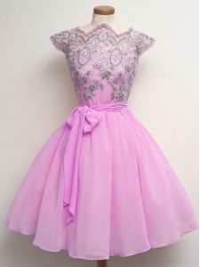 Lilac A-line Chiffon Scalloped Cap Sleeves Lace and Belt Knee Length Lace Up Court Dresses for Sweet 16