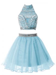 Wonderful Knee Length Light Blue Court Dresses for Sweet 16 Organza Sleeveless Beading