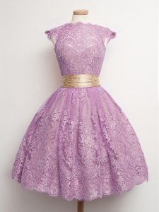 Lilac Damas Dress Prom and Party and Wedding Party with Belt High-neck Cap Sleeves Lace Up