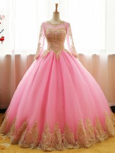 Delicate Scoop Long Sleeves Lace Up Quince Ball Gowns Pink Organza