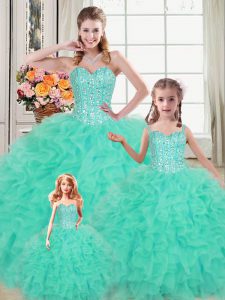 Fantastic Turquoise 15 Quinceanera Dress Military Ball and Sweet 16 and Quinceanera with Beading and Ruffles Sweetheart Sleeveless Lace Up