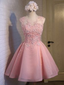 Mini Length Pink Quinceanera Court Dresses Scoop Sleeveless Lace Up