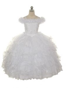 Trendy White Off The Shoulder Neckline Ruffles and Ruffled Layers Pageant Dress for Teens Sleeveless Lace Up