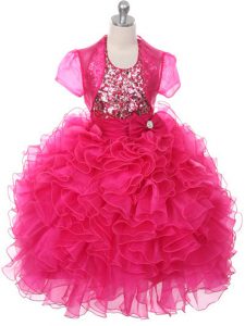 Sleeveless Floor Length Ruffles and Sequins and Bowknot Lace Up Pageant Dress with Hot Pink