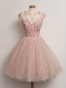 Delicate Peach Tulle Lace Up Scoop Cap Sleeves Knee Length Quinceanera Court Dresses Lace