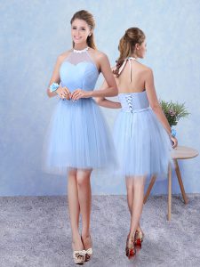 Blue Lace Up Damas Dress Ruching Sleeveless Knee Length