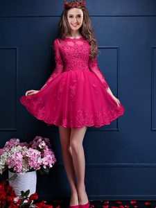 Flare Mini Length Hot Pink Dama Dress Scalloped 3 4 Length Sleeve Lace Up