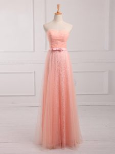 Superior Peach Vestidos de Damas Prom and Party and Wedding Party with Belt Sweetheart Sleeveless Lace Up