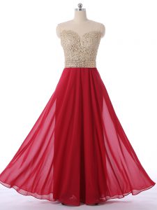 Floor Length Red Quinceanera Dama Dress Chiffon Sleeveless Beading