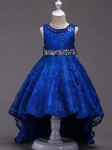Wonderful High Low Royal Blue Evening Gowns Scoop Sleeveless Lace Up