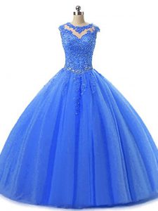 Floor Length Blue Sweet 16 Dresses Tulle Sleeveless Beading and Lace