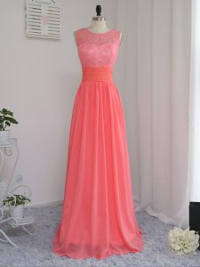 Perfect Watermelon Red Empire Scoop Sleeveless Chiffon Floor Length Zipper Lace Quinceanera Court of Honor Dress