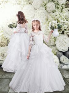Super Tulle Scoop Half Sleeves Brush Train Lace Up Lace and Ruffles Flower Girl Dresses in White
