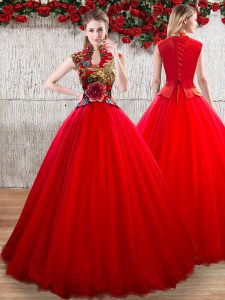 Inexpensive Red Short Sleeves Organza Lace Up Quinceanera Gowns for Military Ball and Sweet 16 and Quinceanera