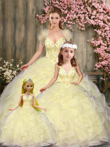 Beading and Ruffles Sweet 16 Quinceanera Dress Light Yellow Lace Up Sleeveless Floor Length