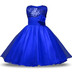 Shining Sleeveless Organza and Sequined Knee Length Zipper Flower Girl Dresses in Royal Blue with Belt and Hand Made Flower