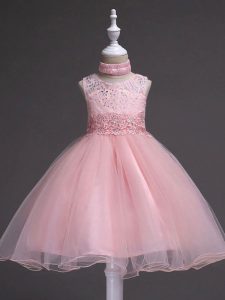 Latest Scoop Sleeveless Child Pageant Dress Knee Length Beading and Appliques Baby Pink Tulle
