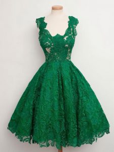 Super A-line Court Dresses for Sweet 16 Green Straps Lace Sleeveless Knee Length Zipper