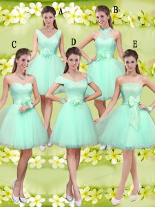 Sleeveless Knee Length Lace and Belt Lace Up Quinceanera Court Dresses with Apple Green