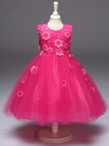 Tulle Sleeveless Knee Length Little Girls Pageant Dress Wholesale and Appliques and Bowknot
