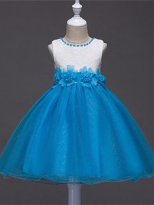 Baby Blue Tulle Zipper Scoop Sleeveless Knee Length Child Pageant Dress Lace and Hand Made Flower