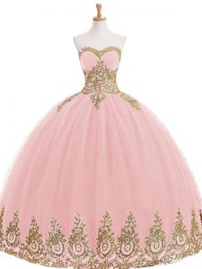 Sleeveless Tulle Floor Length Lace Up Vestidos de Quinceanera in Baby Pink with Appliques