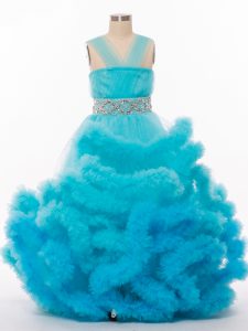 A-line Kids Pageant Dress Baby Blue V-neck Tulle Sleeveless Floor Length Lace Up