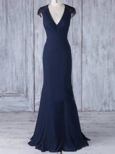 Eye-catching Chiffon V-neck Cap Sleeves Side Zipper Lace Quinceanera Court Dresses in Navy Blue