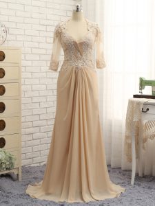 Custom Design Champagne V-neck Zipper Beading and Lace and Appliques Mother of Groom Dress Brush Train Long Sleeves