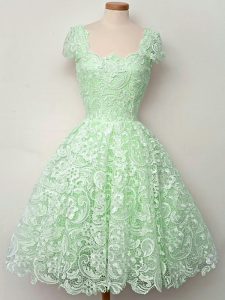 Customized Knee Length Apple Green Dama Dress for Quinceanera Lace Cap Sleeves Lace