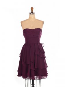 Glamorous Sleeveless Chiffon Mini Length Zipper Quinceanera Dama Dress in Burgundy with Ruffled Layers