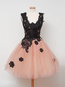 Sleeveless Knee Length Lace Zipper Quinceanera Court Dresses with Peach